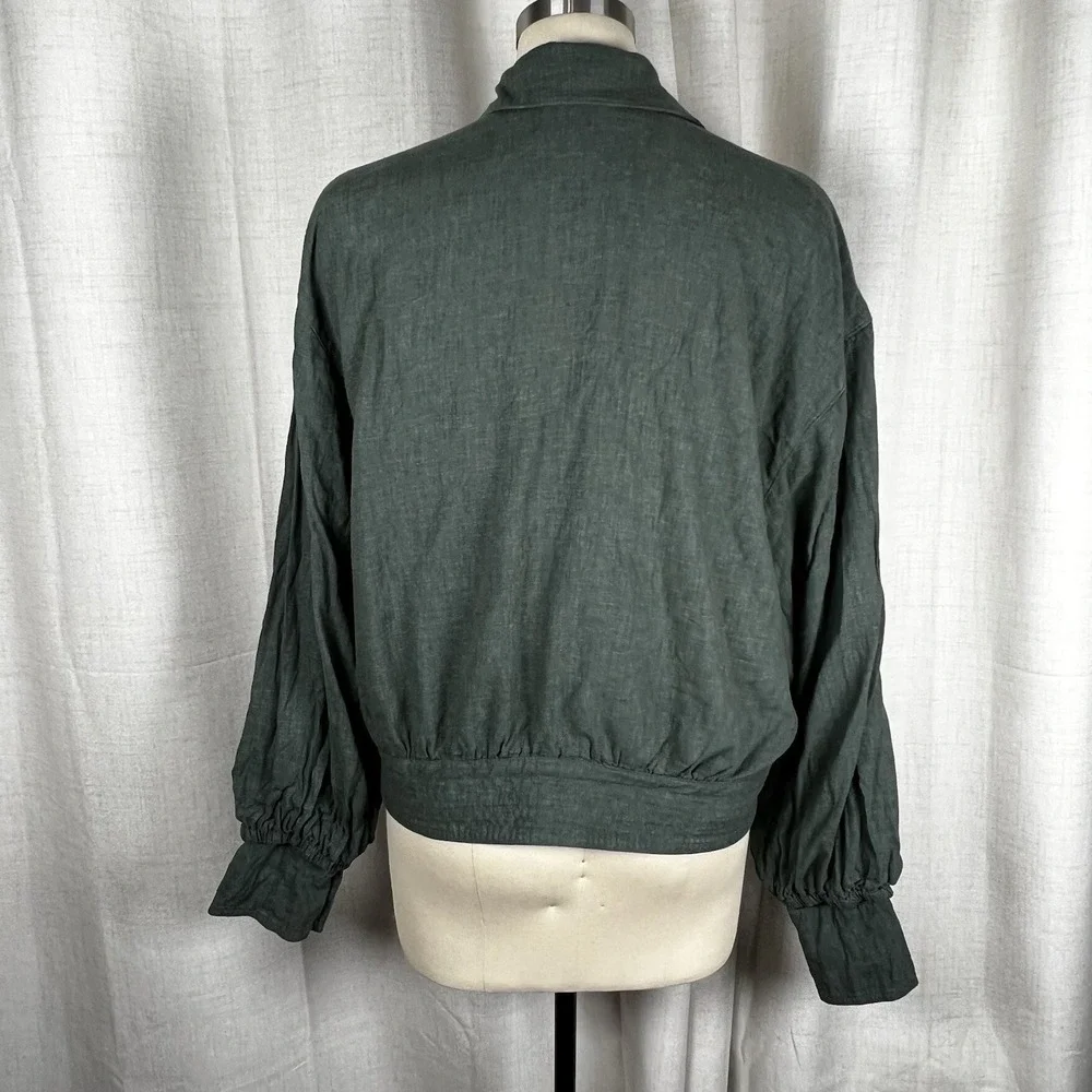 Free People Medium Billy Saddle Linen Blend Button Up‎ Green Crop Jacket Pockets